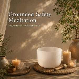 Könnte beinhalten: Eine weiße, mattierte Klangschale aus Kristall steht auf einer runden geflochtenen Matte neben einem Holzschlägel. Der Text Grounded Safety Meditation Instrumental Meditation Music steht darüber. Zwei brennende Kerzen und Bergkristall sind zu sehen.