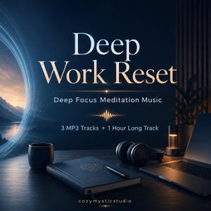 May include: A digital graphic titled Deep Work Reset Deep Focus Meditation Music 3 MP3 Tracks + 1 Hour Long Track featuring a dark desk with a black notebook, a pen, headphones, a laptop, and a cup against a background of a glowing mountain landscape.