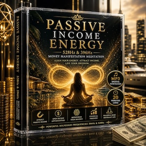 以下が含まれることがあります： 金色の文字で「PASSIVE INCOME ENERGY」と書かれたCDケース。カバーには、光の無限大のシンボルで瞑想する女性が描かれています。「Money Manifestation Meditation」と「MP3 Digital Download」のテキストが含まれています。
