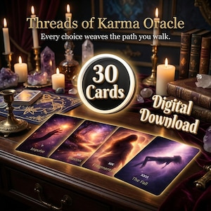Könnte beinhalten: Ein Orakelkarten-Set mit dem Text "Threads of Karma Oracle" und "Every choice weaves the path you walk." Das Bild zeigt 30 Karten, von denen vier abgebildet sind, mit Illustrationen und Titeln wie "Impulse" und "The Fall". Kerzen und Kristalle sind im Hintergrund.