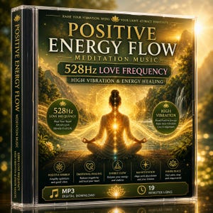 Può includere: Una custodia per CD con il titolo "Positive Energy Flow Meditation Music" con una donna che medita. La copertina include testo sulla frequenza d'amore a 528 Hz e la guarigione energetica ad alta vibrazione. Il CD è un download digitale MP3.