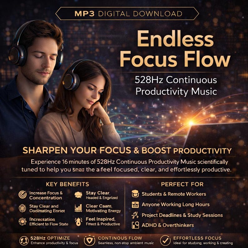 May include: Digital download advertisement for "Endless Focus Flow" productivity music. The image features a man and woman wearing headphones, with text highlighting key benefits like increased focus and concentration. The ad promotes 528Hz continuous music for students, remote workers, and those needing to focus.
