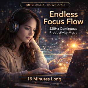 May include: Digital download advertisement for "Endless Focus Flow" music. The image features a person wearing headphones, looking at a laptop. Text includes "MP3 DIGITAL DOWNLOAD", "528Hz Continuous Productivity Music", and "16 Minutes Long". The background has a bokeh effect.