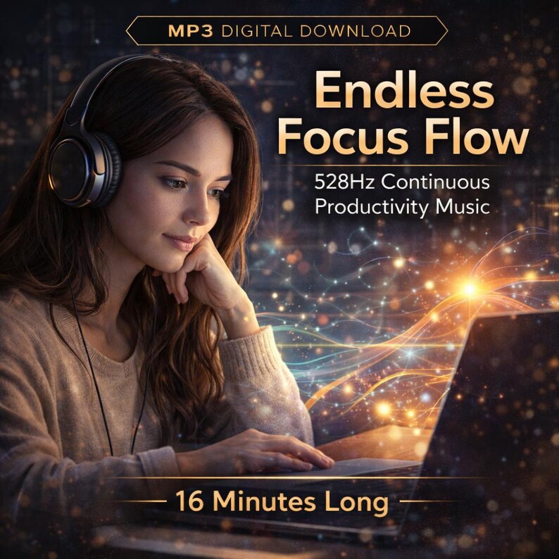 May include: Digital download advertisement for "Endless Focus Flow" music. The image features a person wearing headphones, looking at a laptop. Text includes "MP3 DIGITAL DOWNLOAD", "528Hz Continuous Productivity Music", and "16 Minutes Long". The background has a bokeh effect.