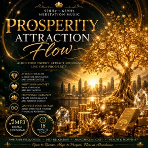 以下が含まれることがあります： Prosperity Attraction Flowと題された528Hz 639Hz瞑想音楽のデジタルダウンロード用画像。ドル記号のコインが実る黄金の木、都市のスカイライン、金の延べ棒、コイン、クリスタルが、テキストと共に暗い背景に描かれています。