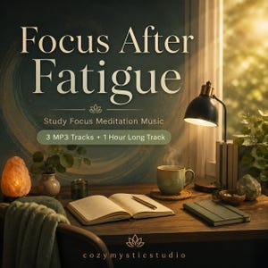 Op de afbeelding: Een bureau met een open notitieboek, een pen, een dampende mok, een zwarte bureaulamp, een zoutlamp en een groen dagboek. Tekst: Focus After Fatigue, Study Focus Meditation Music, 3 MP3 Tracks + 1 Hour Long Track, en cozymysticstudio.
