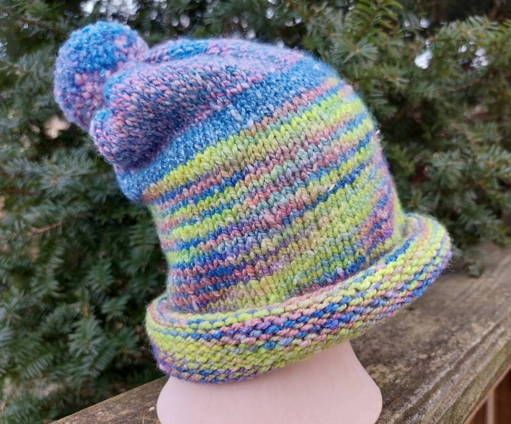Hand-dyed-spun-knit hat. Adult LG, FuchsiaYellow