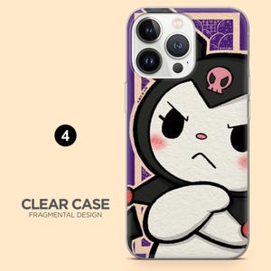 May include: Clear phone case with a cartoon character design. The case features a black and white character with a pink skull on its head, set against a purple and beige background. The text "CLEAR CASE FRAGMENTAL DESIGN" is visible.