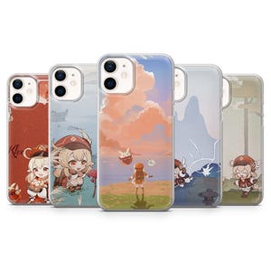 May include: A collection of five phone cases featuring anime-style illustrations. The cases showcase various scenes with a character in different settings, including a sunset, a mountain landscape, and a red background with the name "Klee".