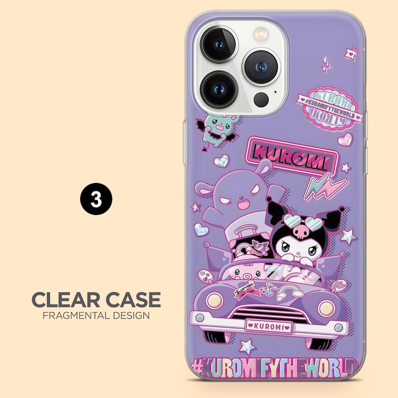 May include: A clear phone case with a purple background and a cartoon design. The design features a purple car with characters, the word "KUROMI" in pink, and the text "#KUROMIFYTHEWORLD". The case has a fragmented design.