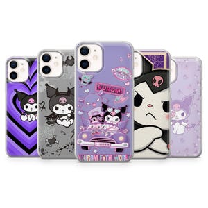 May include: Five phone cases with cartoon character designs. The cases feature characters in various poses and colors, including purple, black, and white. The text "KUROMI" and "KUROMI FYTH WORLD" are visible on one of the cases.