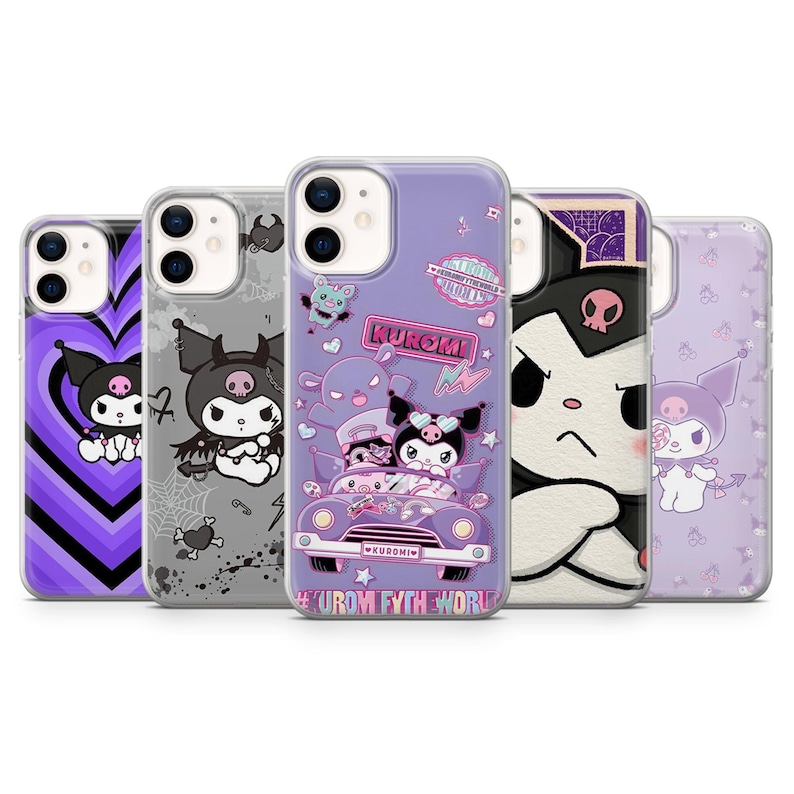 May include: Five phone cases with cartoon character designs. The cases feature characters in various poses and colors, including purple, black, and white. The text "KUROMI" and "KUROMI FYTH WORLD" are visible on one of the cases.