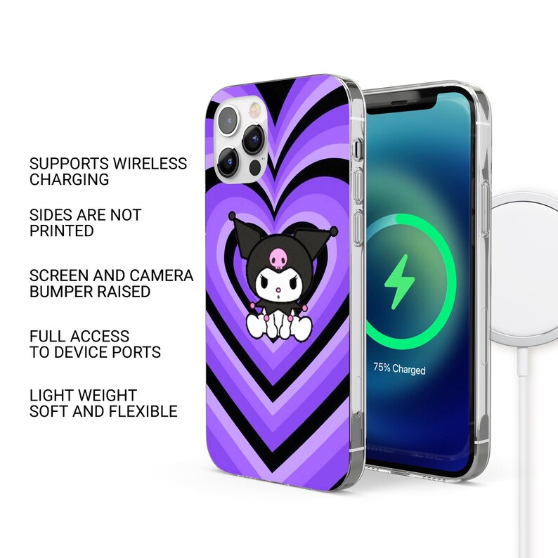May include: A phone case with a purple and black heart design featuring a cartoon character. The phone case is next to a phone with a charging symbol. Text on the case reads: Supports Wireless Charging, Sides Are Not Printed, Screen and Camera Bumper Raised, Full Access to Device Ports, Light Weight Soft and Flexible.