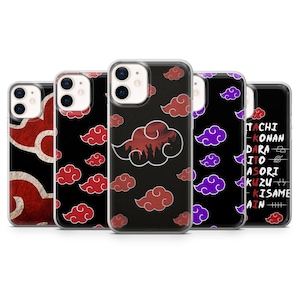 May include: A collection of five phone cases with black backgrounds. Each case features a different design, including red cloud patterns and text. The cases are designed to fit a smartphone and offer protection.