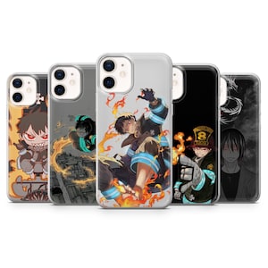 May include: A collection of five phone cases featuring anime-style illustrations. The cases showcase various characters with dynamic poses and vibrant colors, including flames and action scenes. The cases are designed for a smartphone.