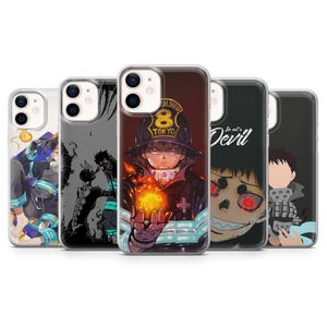 May include: A collection of five phone cases featuring anime-style illustrations. The cases showcase various characters with bold colors and detailed artwork. One case displays a firefighter with a fiery hand.