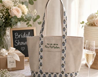 Embroidered Canvas Tote Bag Personalized Bride Gift Zippered Wedding Monogrammed Custom Bridal Shower Present Newlywed Keepsake Mrs Ceremony