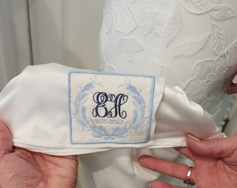 Wedding Dress Label Embroidered Linen Heirloom Bridal Gown Label Monogrammed Dress Patch Custom Gift for Bride Personalized Something Blue