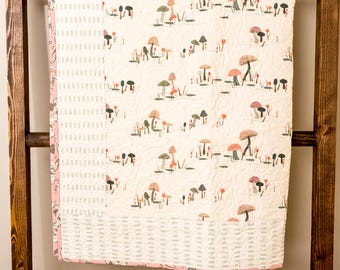 Personalized Baby Quilt Mushroom Design Custom Blanket Nature Theme Nursery Decor Baby Shower Gift Newborn Play Mat Whole Cloth Quilt