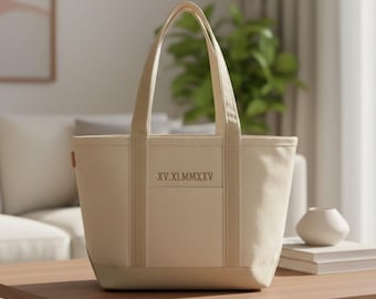 Roman Numeral Embroidered Tote Bag Personalized Clutch Wedding Gift Bridal Shower Custom Couples Date Monogrammed Accessory Bride Canvas
