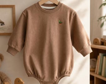 Organic Baby Romper Embroidered Mallard Duck Infant Outfit Cotton Shower Gift Newborn Boy Clothing Nature Themed Bodysuit Animal Embroidery