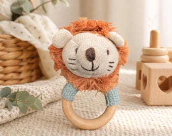 Wooden Teething Toy Lion Rattle Animal Baby Teether Infant Accessory Newborn Shower Gift Basket Nursery Keepsake Bunny Koala Natural Wood
