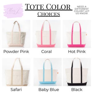 May include: A selection of canvas tote bags in various colors, including Powder Pink, Coral, Hot Pink, Safari, Baby Blue, and Black. The bags have contrasting colored bottoms and handles. The text "TOTE COLOR CHOICES" is displayed above the bags.