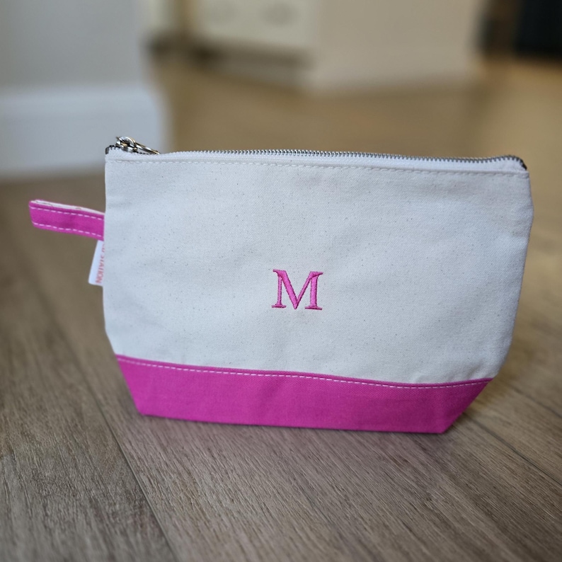 Monogrammed Makeup Bag Embroidered Canvas Bag Personalized Bridesmaid Gift Wedding Day Necessities Bride Gift Wedding Keepsake Maid of Honor Hot Pink Makeup Bag