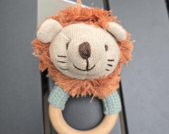 Wooden Teething Toy Lion Rattle Animal Baby Teether Infant Accessory Newborn Shower Gift Basket Nursery Keepsake Bunny Koala Natural Wood