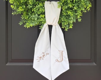 Personalized Wreath Sash Embroidered Monogram Initial Ribbon Scarf Custom Cotton Linen Blend Fall Entry Door Banner Home Accent Front Porch