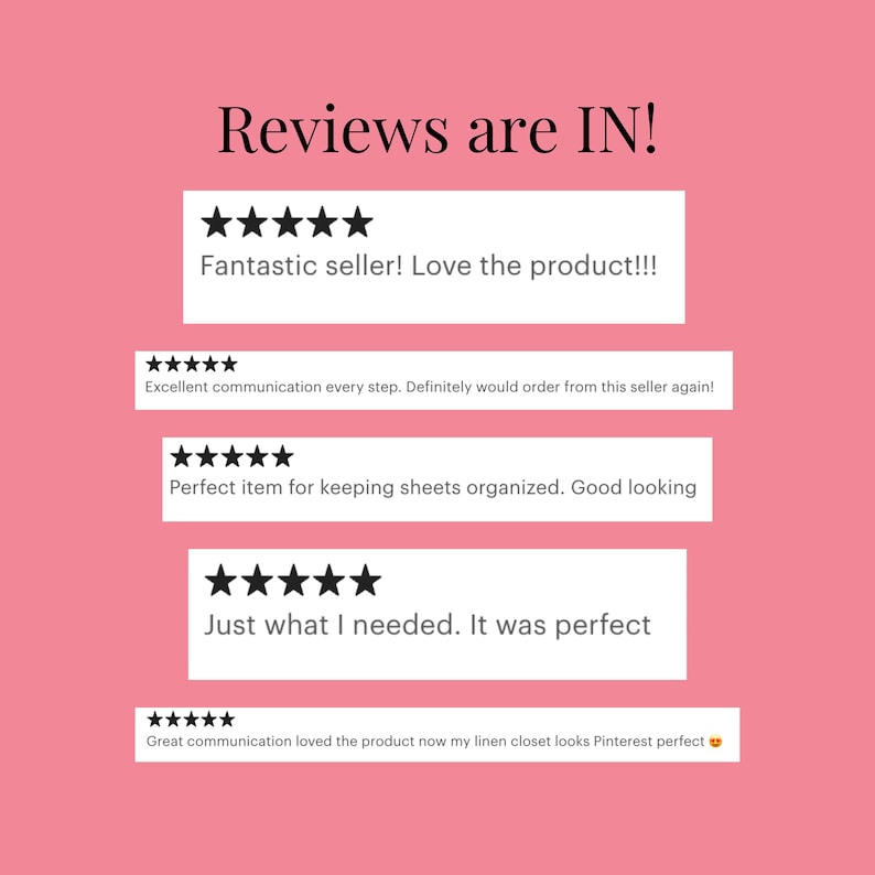 Puede incluir: Un gr&aacute;fico rosa con el texto Reviews are IN! seguido de cinco recuadros blancos. Cada recuadro contiene cinco estrellas negras y comentarios de clientes con frases como Fantastic seller, Excellent communication y Just what I needed.