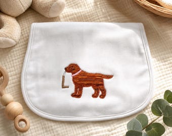 Personalized Baby Gift Monogram Burp Cloth Organic Embroidered Applique Puppy Design Red Lab Shower Present Newborn Essential Nursery