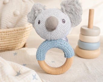 Natural Teething Toy Wooden Rattle Animal Baby Teether Infant Accessory Shower Gift Newborn Present Bunny Lion Koala Ring Organic Wood