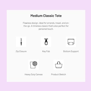 May include: Image of a white background with the text "Medium Classic Tote". Below the text are illustrations of a zip closure, key fob, bottom support, heavy duty canvas, and a product sketch.