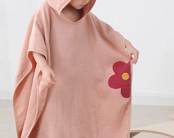 Personalized Beach Poncho Embroidered Flower Towel Wrap Hooded Bath Robe Muslin Kids Custom Girl Gift Toddler Pool Coverup Cotton Swim