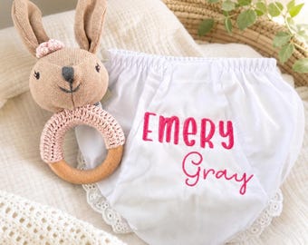 Personalized Baby Girl Gift Set Organic Cotton Bloomers Newborn Shower Bundle Infant Clothing Nursery Item Wooden Teething Ring Rattle Bunny