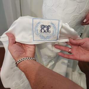 Wedding Dress Label Embroidered Linen Heirloom Bridal Gown Patch Custom Personalized Bride Gift Monogram Name Tag Sewn Keepsake Something