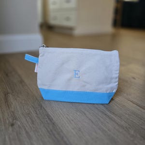 Monogrammed Makeup Bag Embroidered Canvas Bag Personalized Bridesmaid Gift Wedding Day Necessities Bride Gift Wedding Keepsake Maid of Honor Baby Blue Makeup Bag