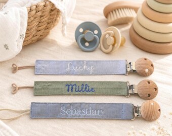 Custom Pacifier Clip Baby Shower Gift Embroidered Binky Holder Infant Soothie Keeper Personalized Name Attachment Wood Accent Monogram