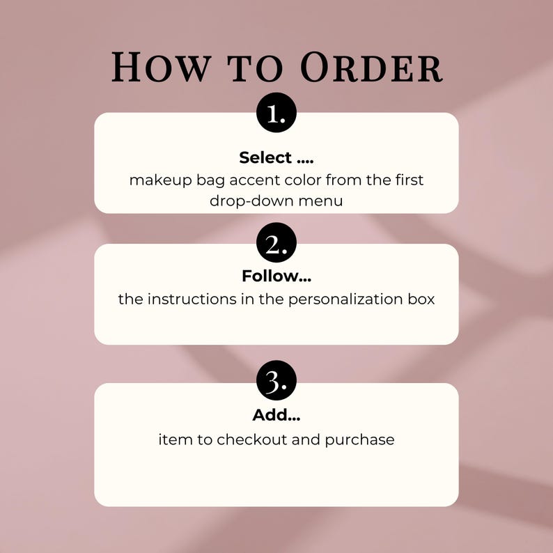 May include: A graphic with instructions on how to order a makeup bag. The text reads "HOW TO ORDER" at the top. Steps include selecting the accent color, following personalization instructions, and adding the item to checkout.