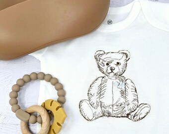 Personalized Baby Bodysuit Teddy Bear Outfit Custom Baby Bear Embroidery Monogram Infant Clothing Shower Gift Newborn Boy Organic Cotton