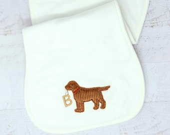 Organic Burp Cloth Baby Essential Nursery Items for Newborn Monogram Initial Custom Design Dog Applique Name Keepsake Shower Gift Labrador