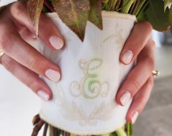 Personalized Bridal Bouquet Wrap Embroidered Bride Gift Wedding Day Ceremony Keepsake Monogrammed Linen Handkerchief Stem Covering Custom