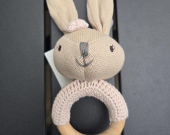 Natural Teething Toy Bunny Wooden Rattle Animal Baby Teether Infant Gift Basket Newborn Shower Present Girl Nursery Accessory Handmade Wood