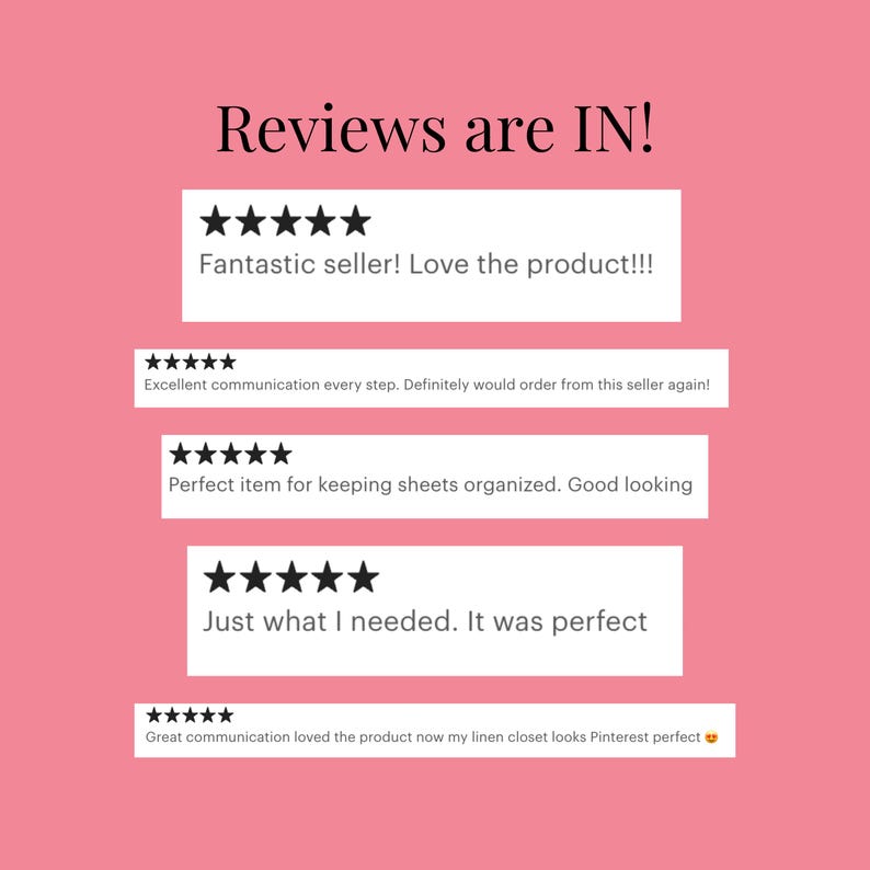 May include: Five customer reviews with five-star ratings and positive comments about a product. The reviews highlight the seller's communication, the product's quality, and its usefulness. The text reads "Reviews are IN!" and includes comments like "Fantastic seller! Love the product!!!" and "Just what I needed. It was perfect."