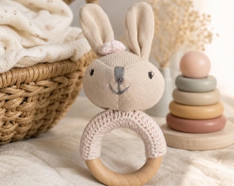 Natural Teething Toy Bunny Wooden Rattle Animal Baby Teether Infant Gift Basket Newborn Shower Present Girl Nursery Accessory Handmade Wood