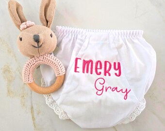 Personalized Baby Girl Gift Set Organic Cotton Bloomers Newborn Shower Bundle Infant Clothing Nursery Item Wooden Teething Ring Rattle Bunny