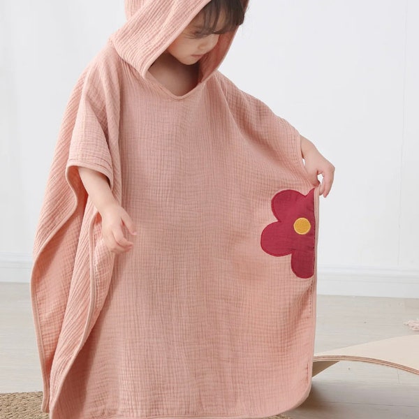 Personalized Beach Poncho Embroidered Muslin Hooded Towel Kids Custom Wrap for Pool Hooded Beach Poncho Flower Towel Wrap for Little Girl