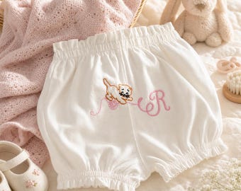 Personalized Baby Bloomers Diaper Cover Baby Gift for Cat Lover Embroidered Kitten Monogram Initial Organic Cotton Infant Clothing Newborn
