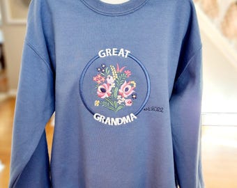 Grandma Sweatshirt Embroidered Grandmother Clothing Personalized Gift Announcement Great Established Year Custom Name Crew Neck Flower